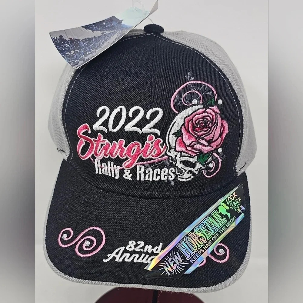 2022 Ladies Sturgis Motorcycle Rally Embroidered Rose Skull Ponytail Hat NWT